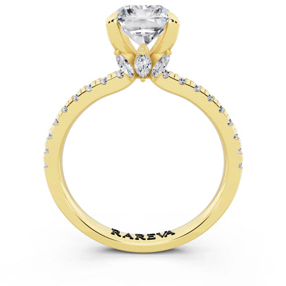 18 KT Yellow Gold Radiant Cut Diamond Solitaire Ring with Marquise Collar - through finger