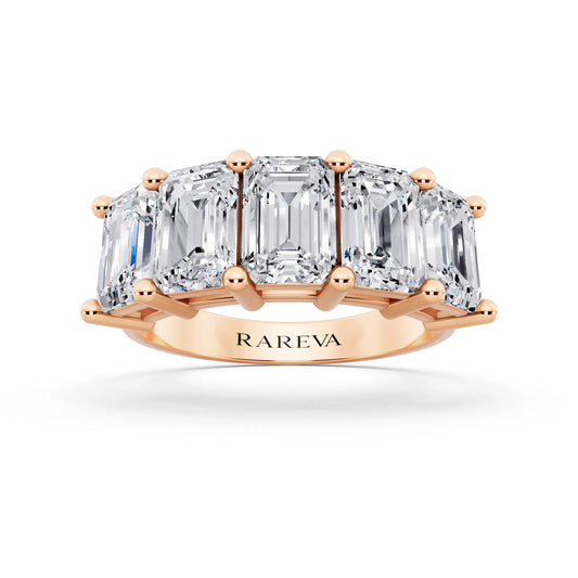 10K Rose Gold Five Stone Emerald Cut Diamond Half Eternity Wedding Band - 3mm - Front