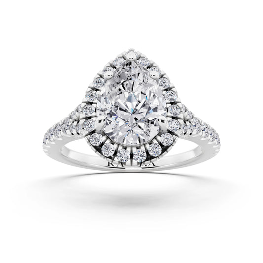 18 KT White Gold Pear Cut Diamond Halo Ring with Split Shank - front view