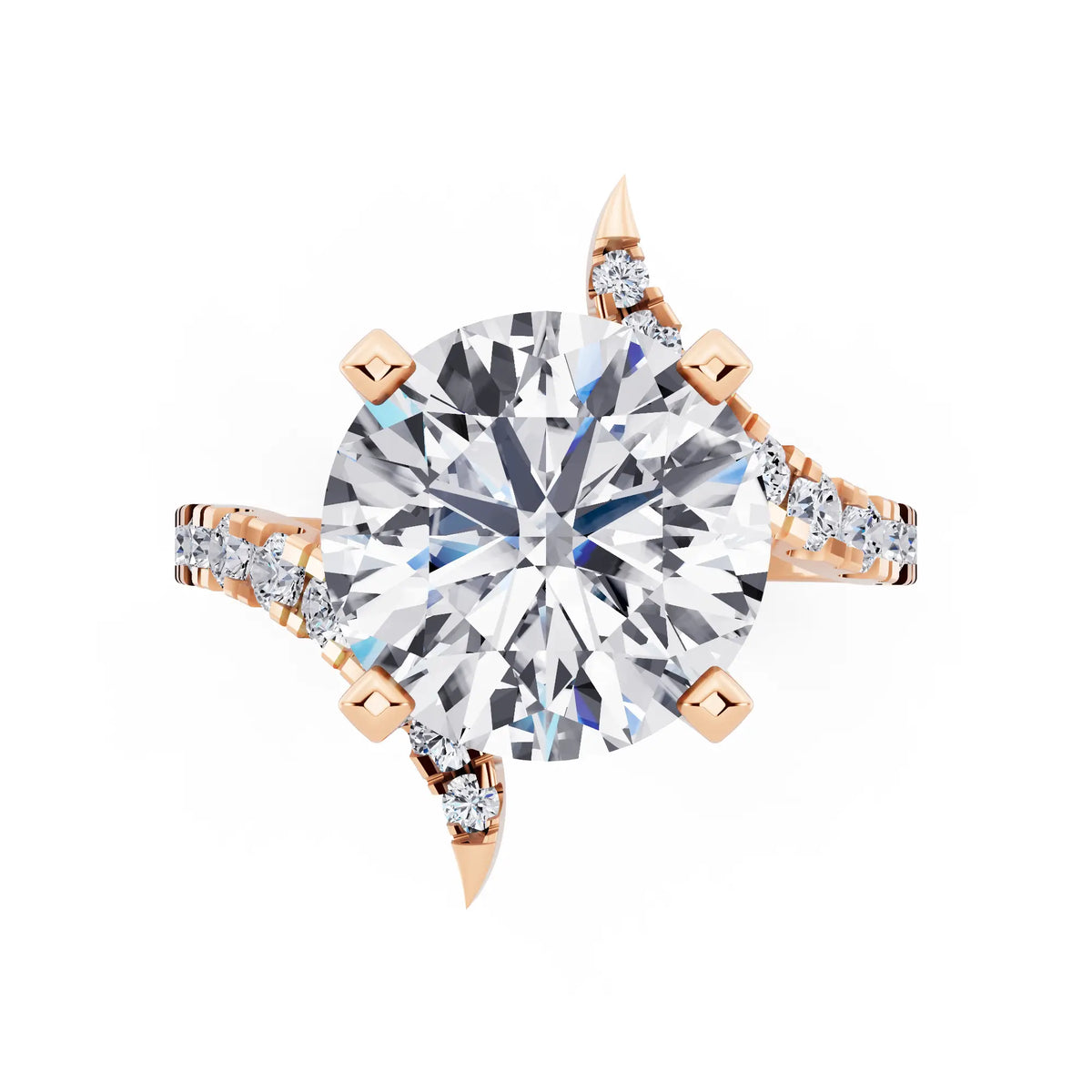 14 KT Rose Gold Round Cut Diamond Solitaire Ring with Pave Band and Accents - Top down