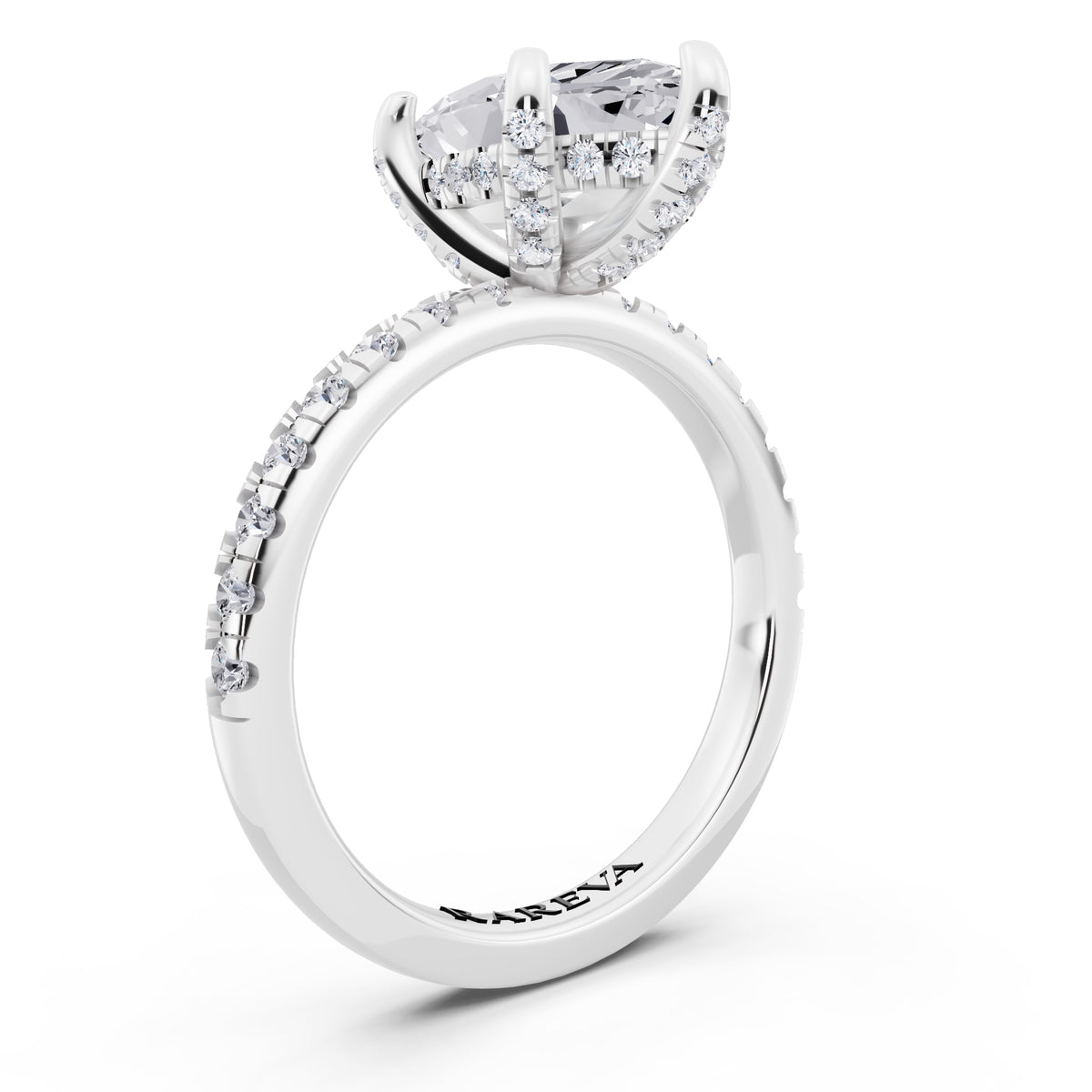 18 KT White Gold Marquise Cut Diamond Hidden Halo Ring with Pave Shank - top view