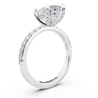 18 KT White Gold Marquise Cut Diamond Hidden Halo Ring with Pave Shank - top view