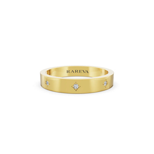 14K Yellow Gold Men's Round Cut Diamond Star Set Station Band - 3.5mm - Front