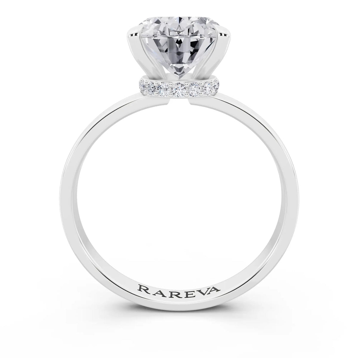 Platinum Oval Cut Diamond Solitaire Ring with Pave Collar - through finger