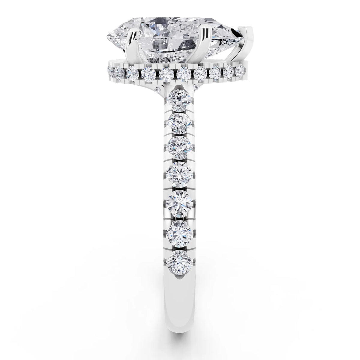 14 KT White Gold Pear Cut Diamond Ring with Hidden Halo - side view