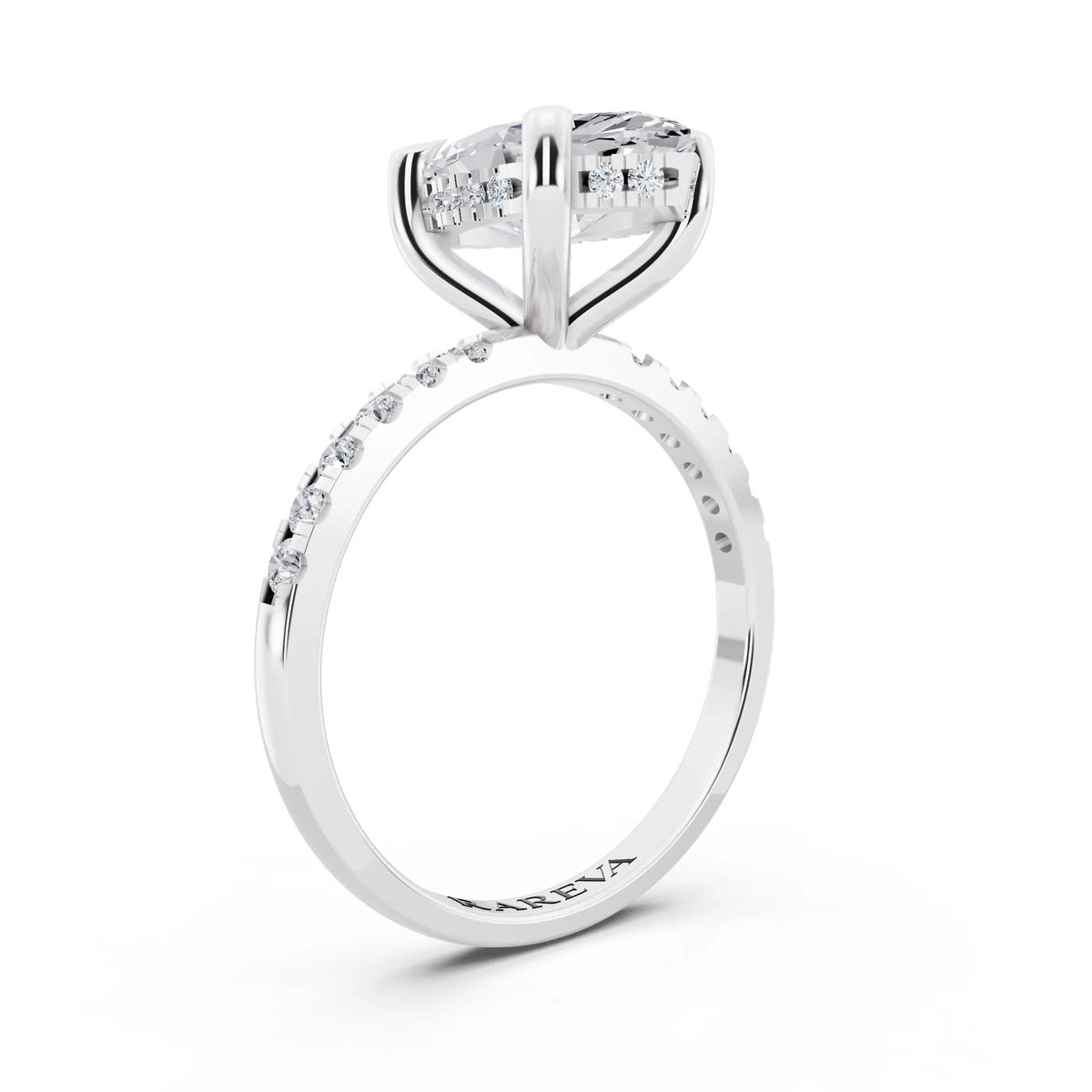 Platinum Marquise Cut Diamond Solitaire Ring with Round Pavé Band and Prong Setting - top view