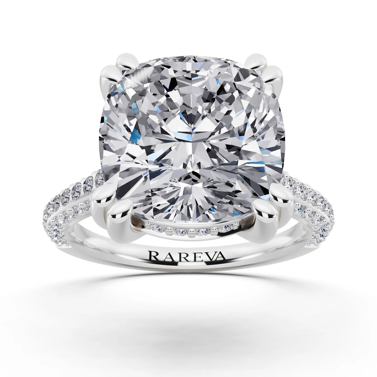 18 KT White Gold Cushion Cut Diamond Hidden Halo Double Claw Pave Band Ring - front view