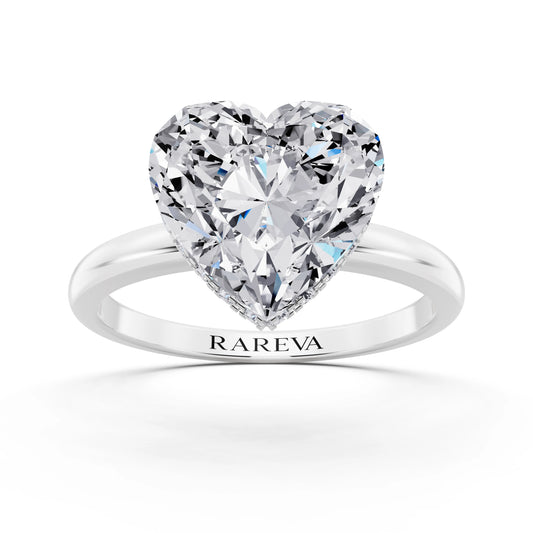 18 KT White Gold Heart Cut Diamond Solitaire Ring with Hidden Halo - front view