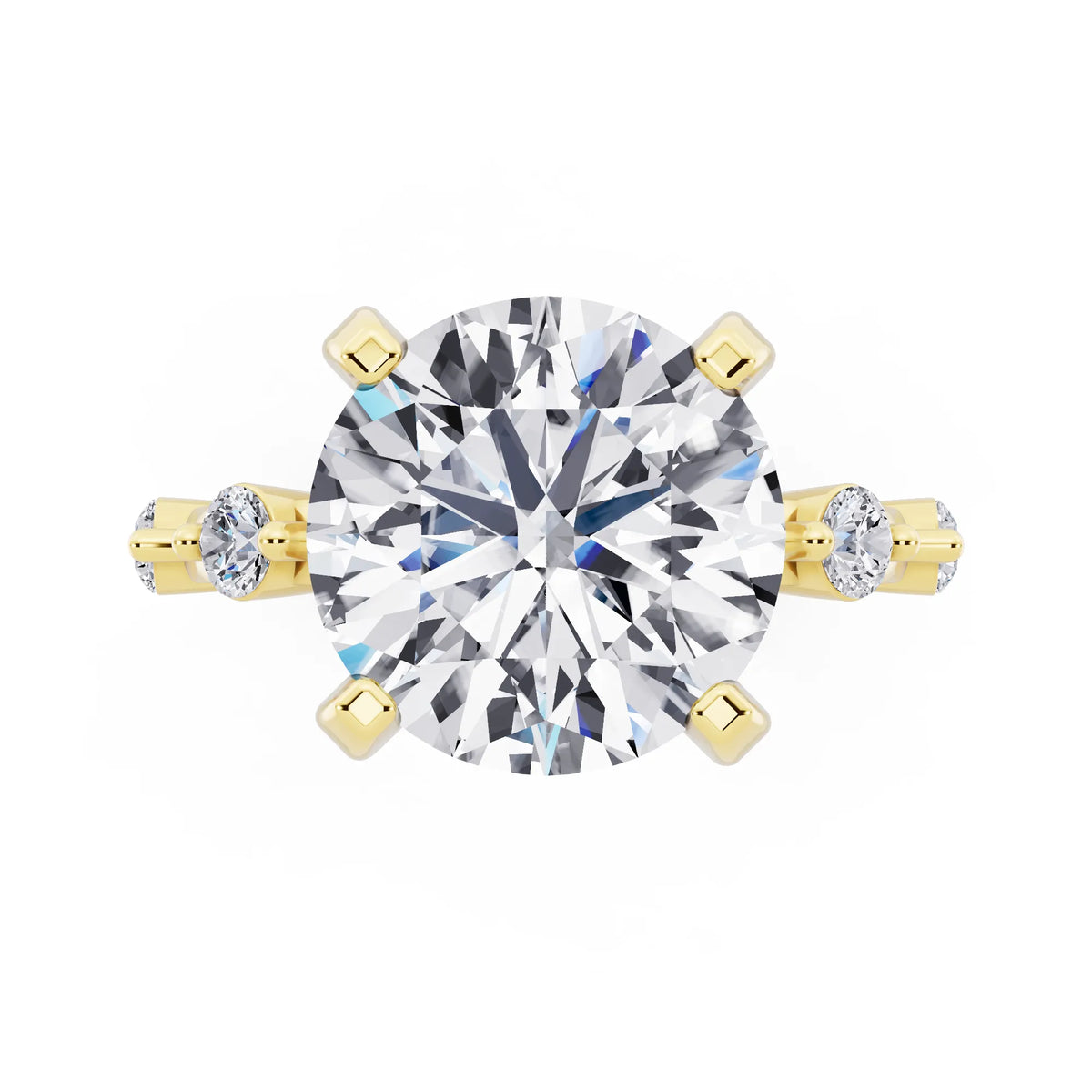 14 KT Yellow Gold Round Cut Diamond Solitaire Ring with Floating Diamond Accents - top angle