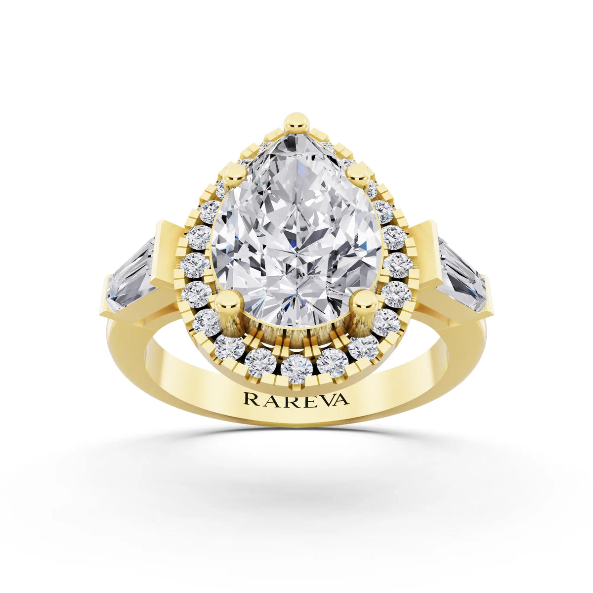 14 KT Yellow Gold Pear Cut Diamond Halo Ring with Baguette Accents - front view