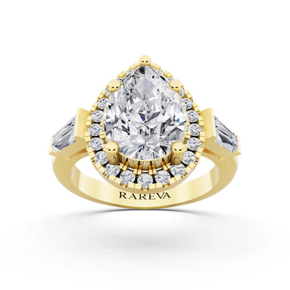 14 KT Yellow Gold Pear Cut Diamond Halo Ring with Baguette Accents - front view