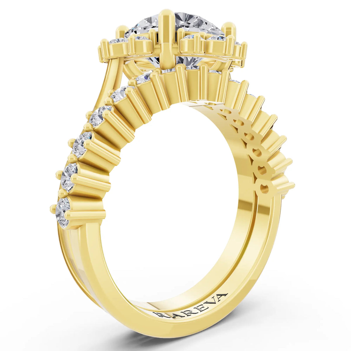 14 KT Yellow Gold Round Cut Diamond Sunburst Halo Ring with Graduated Band - Top view