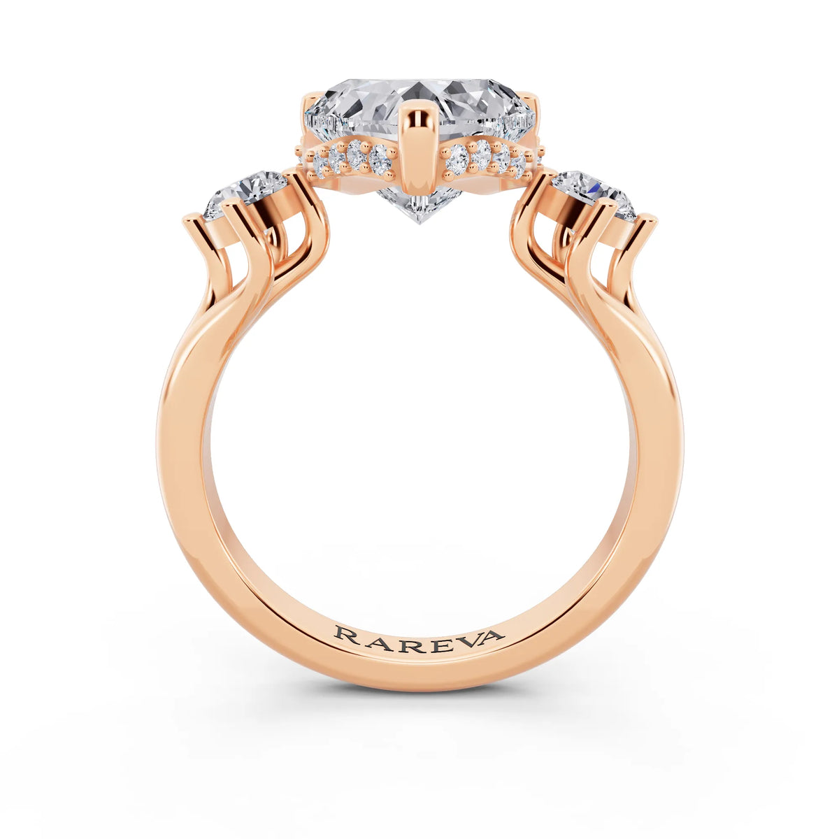 14 KT Rose Gold Heart Cut Diamond Three Stone Engagement Ring with Hidden Halo - through finger