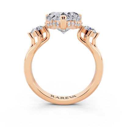 14 KT Rose Gold Heart Cut Diamond Three Stone Engagement Ring with Hidden Halo - through finger