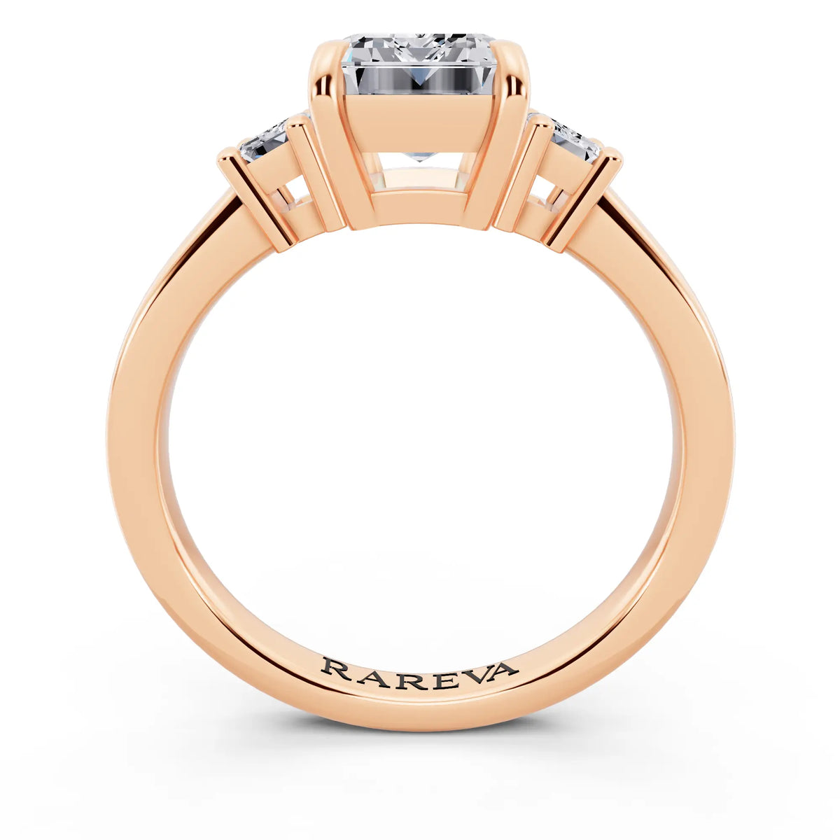 18 KT Rose Gold Emerald Cut Diamond Three Stone Emerald Accent Ring - through finger