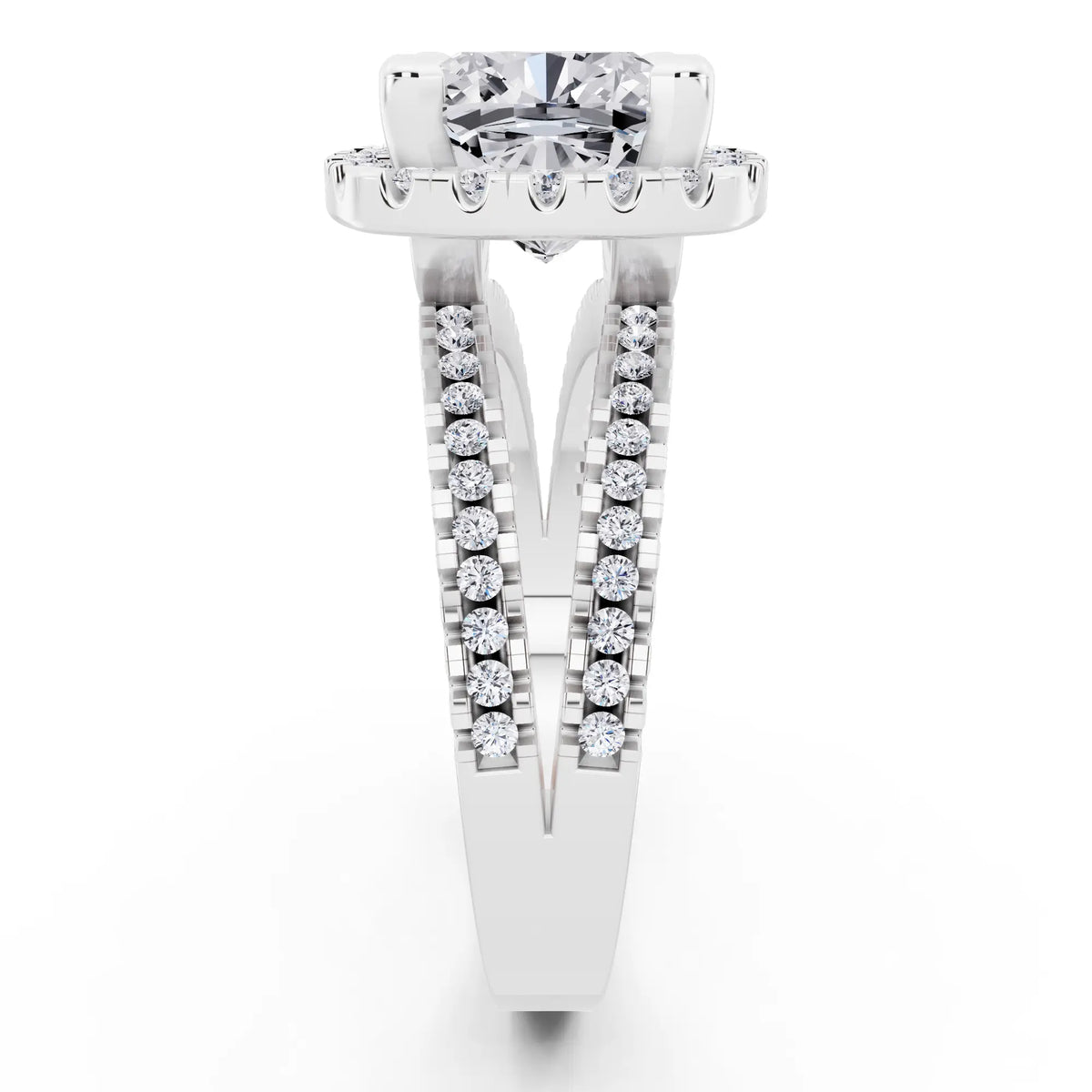 14 KT White Gold Cushion Cut Diamond Halo Ring with Pave Split Shank - side view