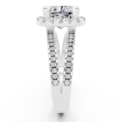 14 KT White Gold Cushion Cut Diamond Halo Ring with Pave Split Shank - side view
