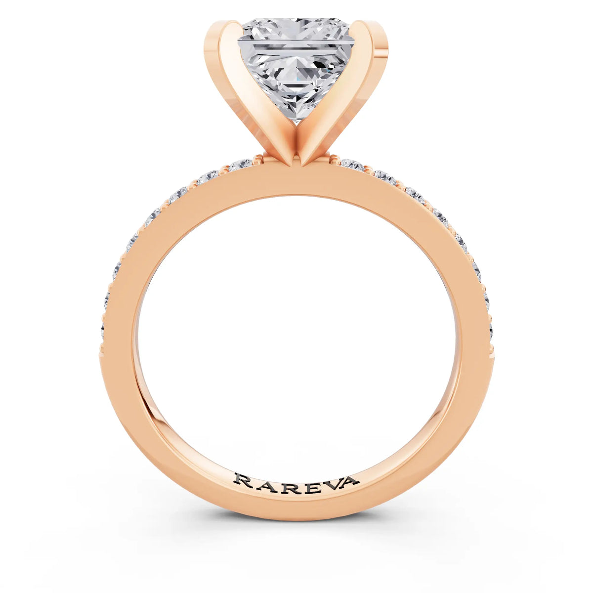 18 KT Rose Gold Princess Cut Diamond Solitaire Ring with Pave Shank - through finger