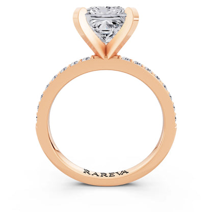 18 KT Rose Gold Princess Cut Diamond Solitaire Ring with Pave Shank - through finger