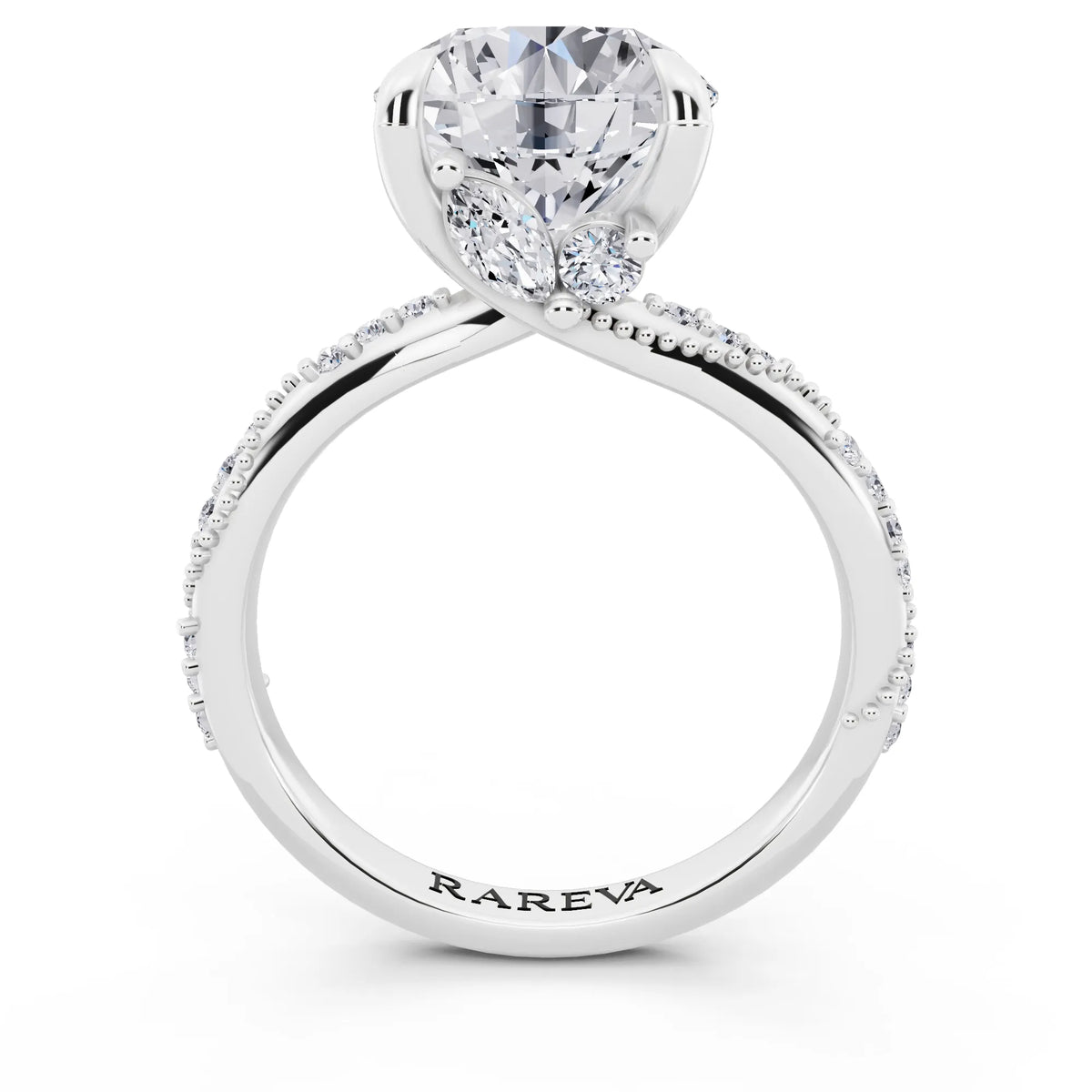 14 KT White Gold Round Cut Diamond Ring with Marquise Accent - through finger