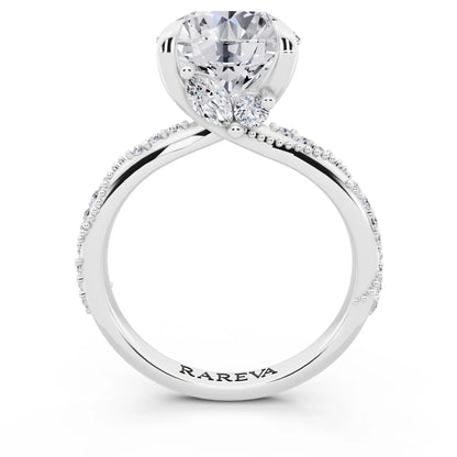 14 KT White Gold Round Cut Diamond Ring with Marquise Accent - through finger
