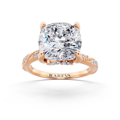 18 KT Rose Gold Cushion Cut Diamond Ring with Marquise Accent - front view