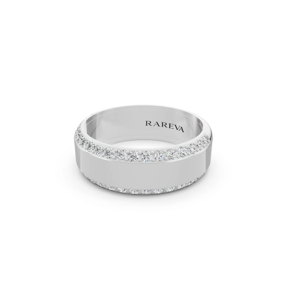 14K White Gold Men's Round Cut Diamond Pave Bevel Edge Band - 6.5mm - Close up