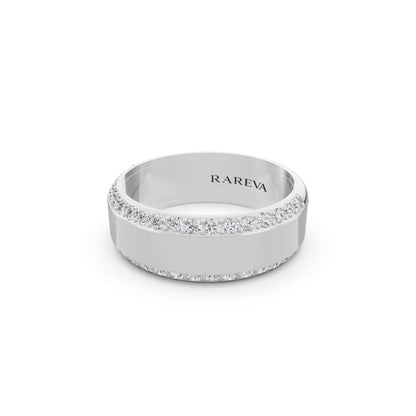 14K White Gold Men's Round Cut Diamond Pave Bevel Edge Band - 6.5mm - Close up