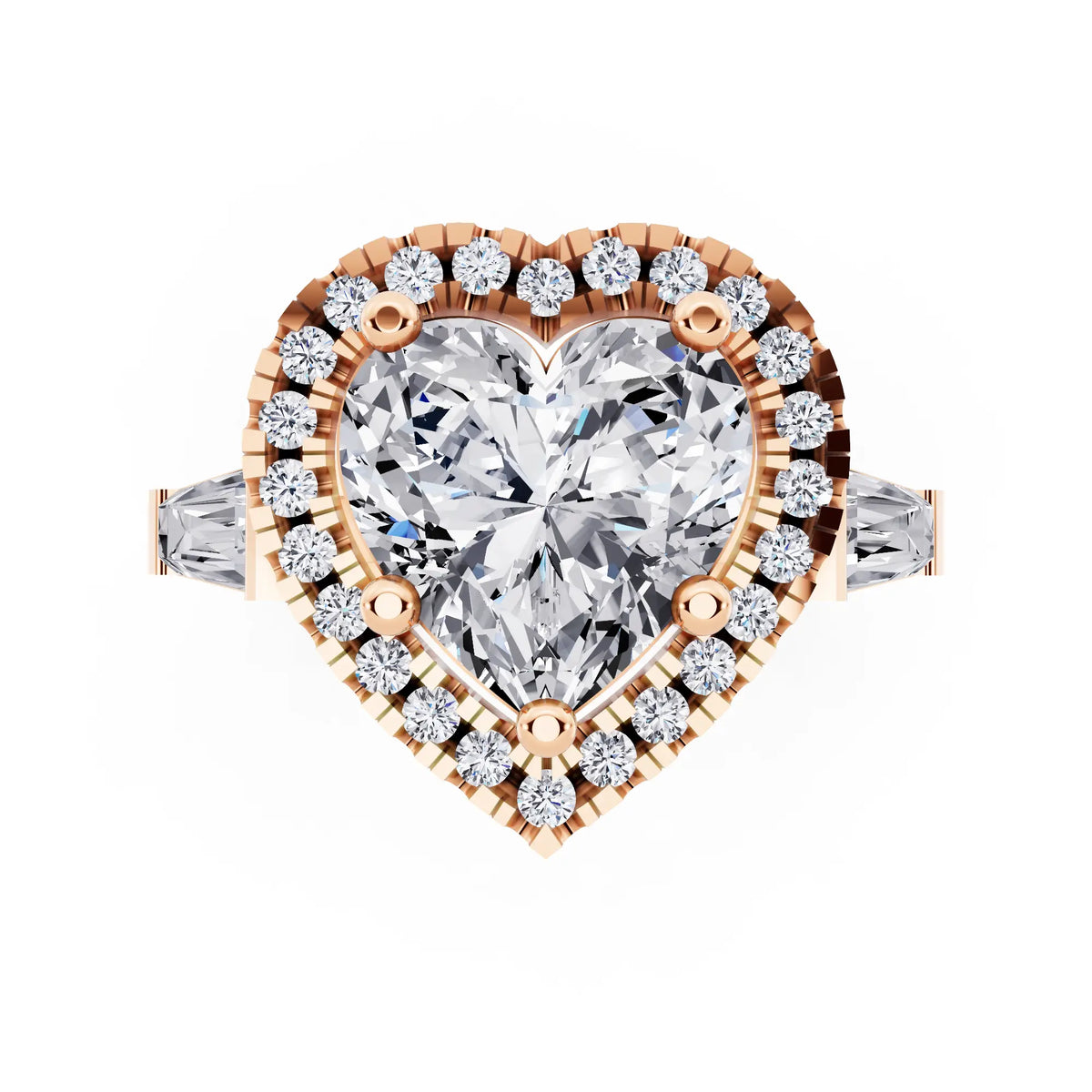 18 KT Rose Gold Heart Cut Diamond Halo Ring with Baguette Accents - top angle