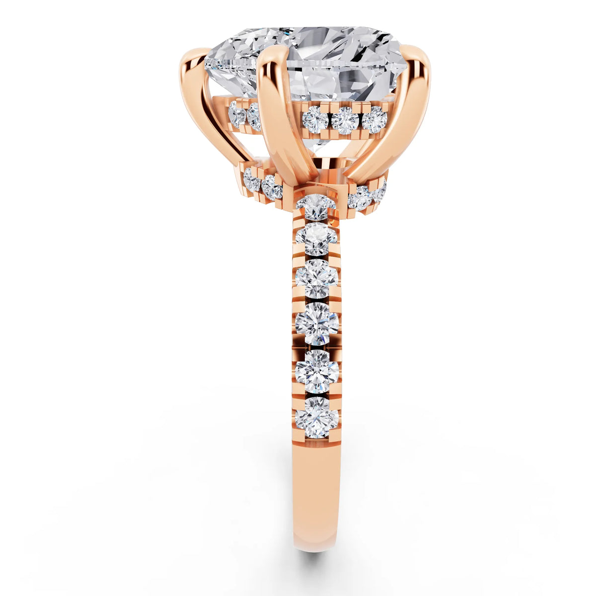 14 KT Rose Gold Heart Cut Diamond Hidden Halo Tiger Prong Pave Band Ring - side view