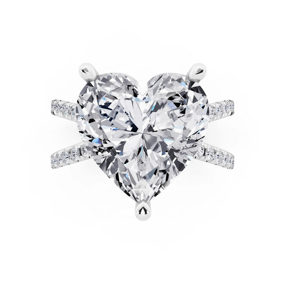 14 KT White Gold Heart Cut Diamond Ring with Twisted Split Shank - top angle