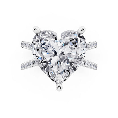 14 KT White Gold Heart Cut Diamond Ring with Twisted Split Shank - top angle