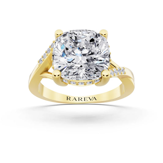 14 KT Yellow Gold Cushion Cut Diamond Split Shank Engagement Ring with Hidden Halo - front view