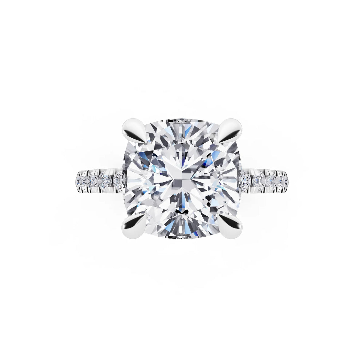 Platinum Cushion Cut Diamond Solitaire Ring with Round Pavé Band and Prong Setting - top angle