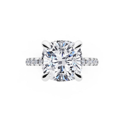Platinum Cushion Cut Diamond Solitaire Ring with Round Pavé Band and Prong Setting - top angle