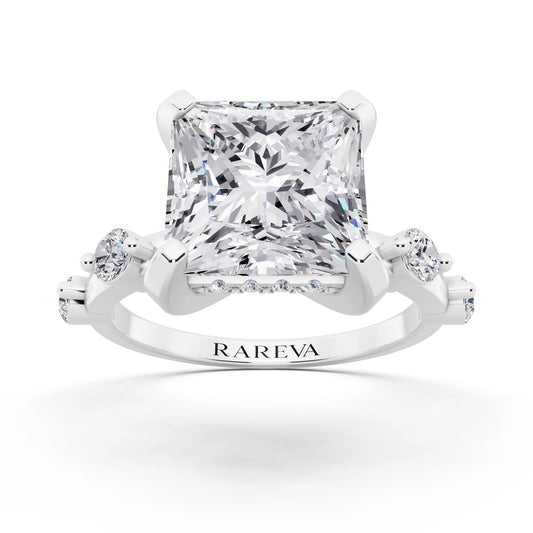 14 KT White Gold Princess Cut Diamond Solitaire Ring with Floating Diamond Accents - front view