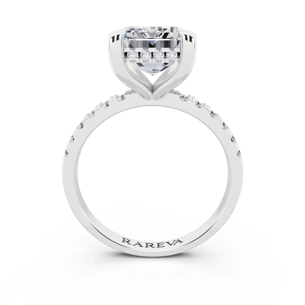 18 KT White Gold Emerald Cut Diamond Solitaire Ring with Round Pavé Band and Prong Setting - through finger