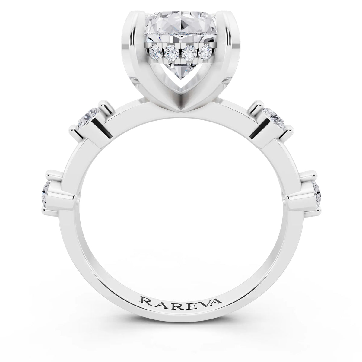 14 KT White Gold Pear Cut Diamond Solitaire Ring with Floating Diamond Accents - through finger