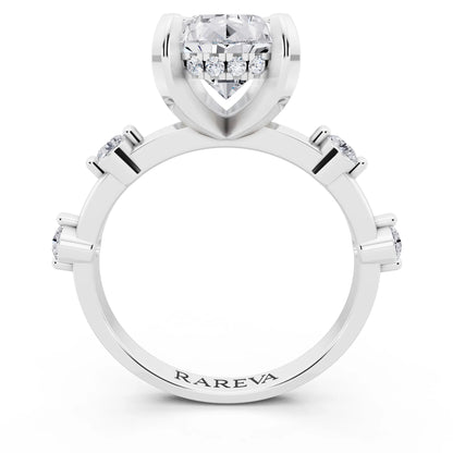 14 KT White Gold Pear Cut Diamond Solitaire Ring with Floating Diamond Accents - through finger