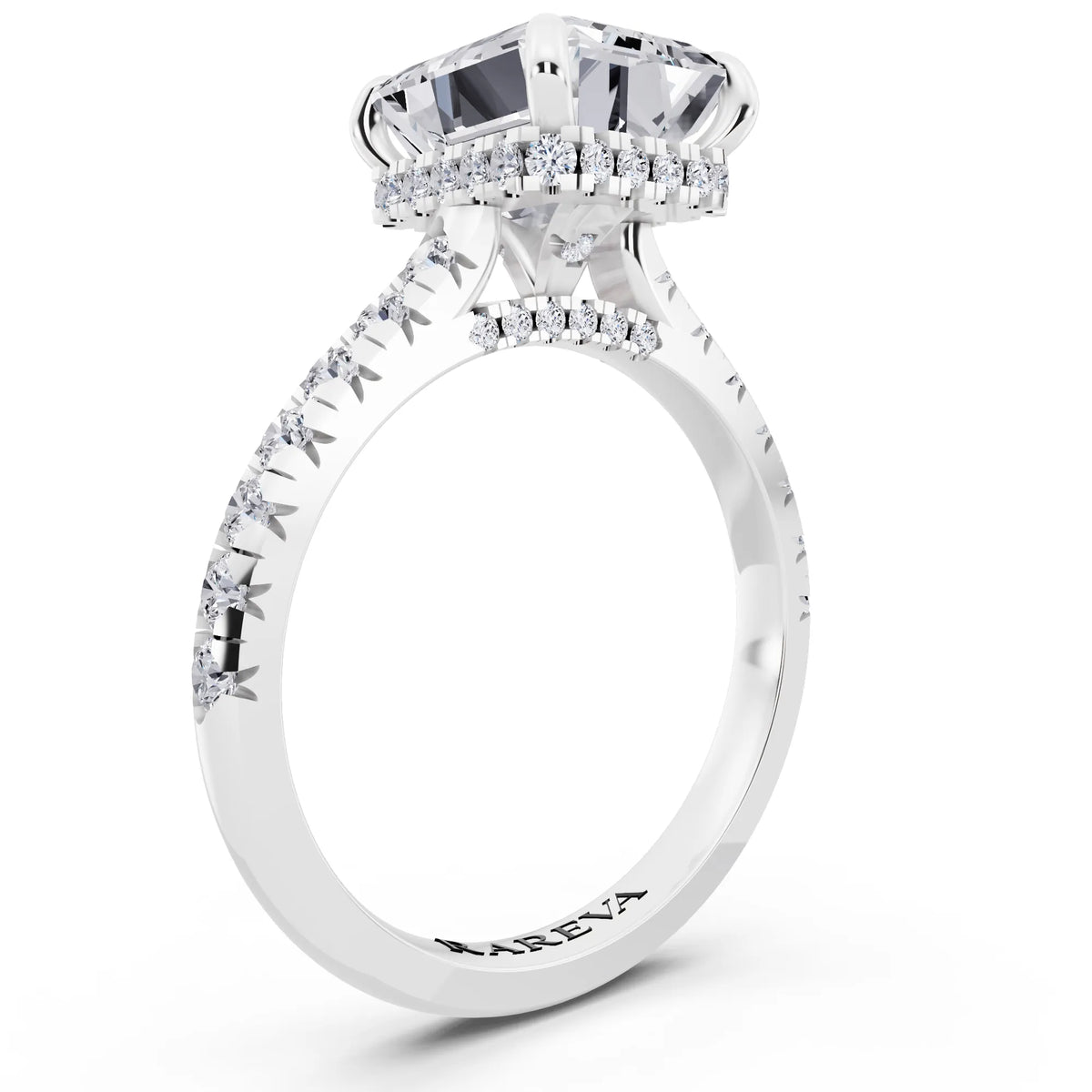 18 KT White Gold Emerald Cut Diamond Ring with Hidden Halo - top view