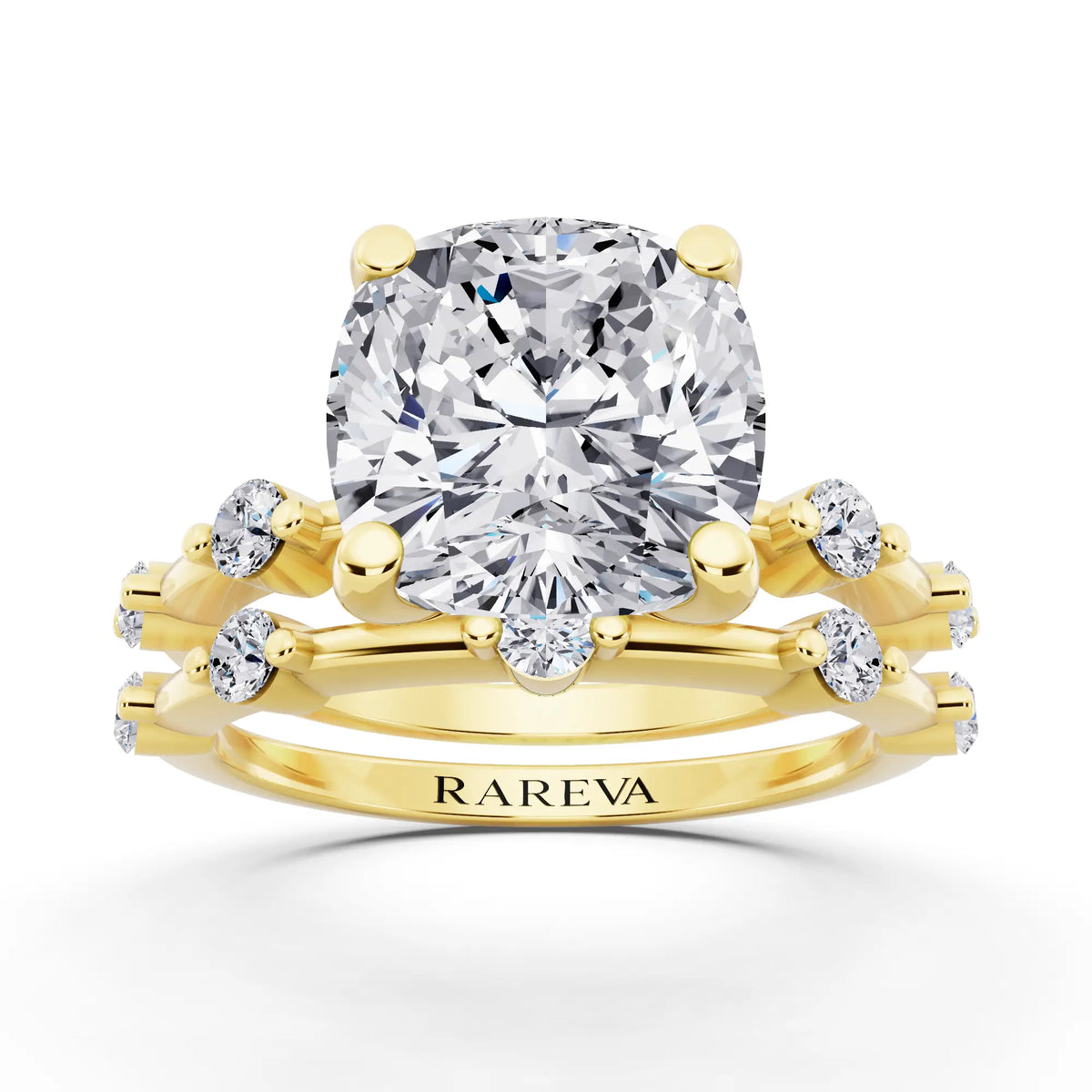 14 KT Yellow Gold Cushion Cut Diamond Ring with Floating Accent Band - front view