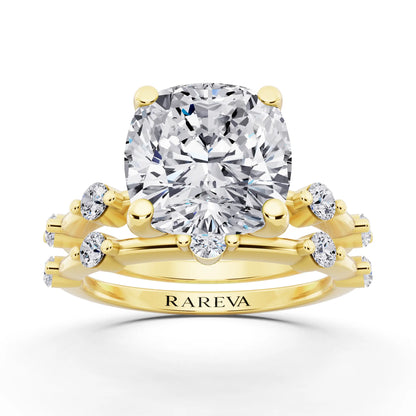 14 KT Yellow Gold Cushion Cut Diamond Ring with Floating Accent Band - front view