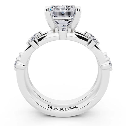 Platinum Emerald Cut Diamond Ring with Floating Accent Band - through finger
