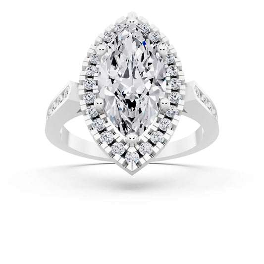 14 KT White Gold Marquise Cut Diamond Halo Ring with Bezel Accent Band - front view