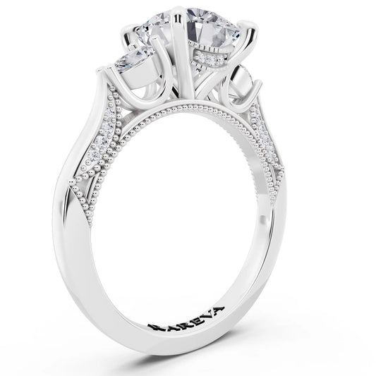 14 KT White Gold Round Cut Diamond Three Stone Pear Accent Vintage Pave Ring - top view