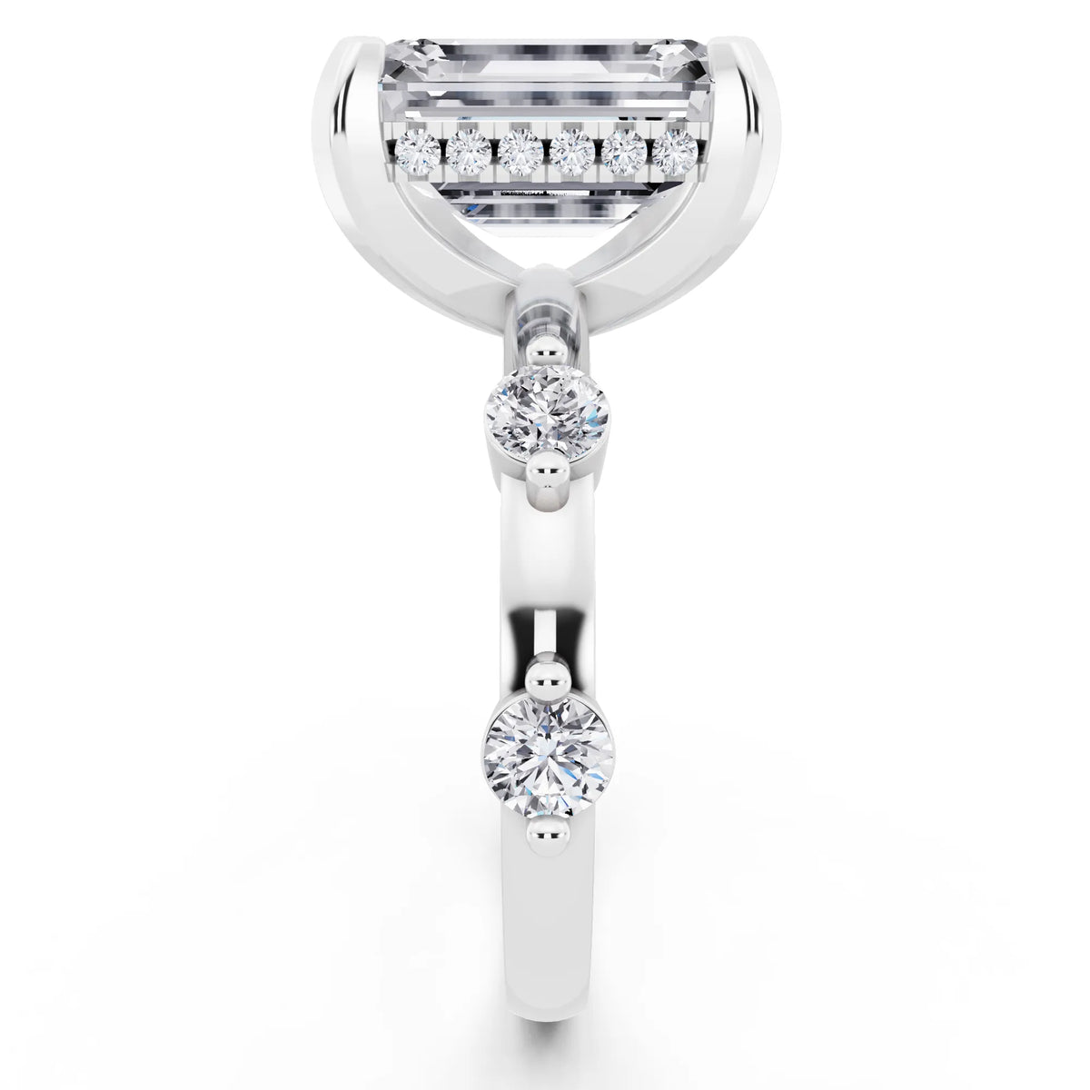 14 KT White Gold Emerald Cut Diamond Solitaire Ring with Floating Diamond Accents - side view