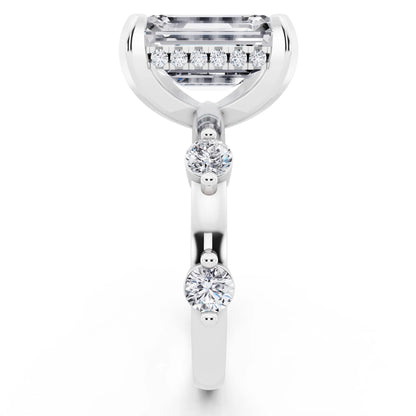 14 KT White Gold Emerald Cut Diamond Solitaire Ring with Floating Diamond Accents - side view