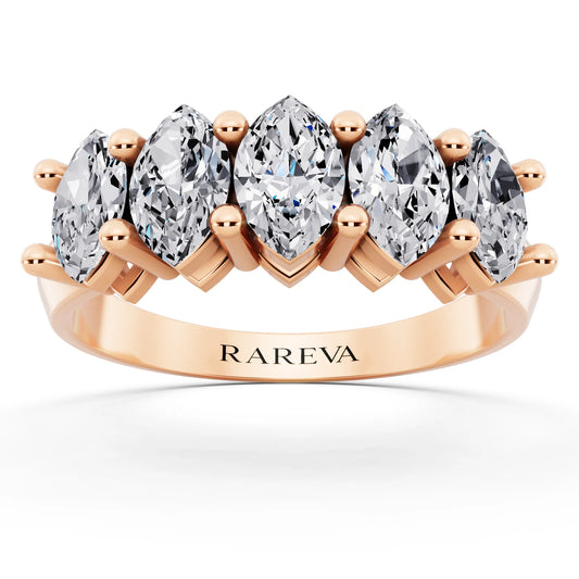10K Rose Gold Five Stone Marquise Cut Diamond Half Eternity Wedding Band - 2.5mm - Front