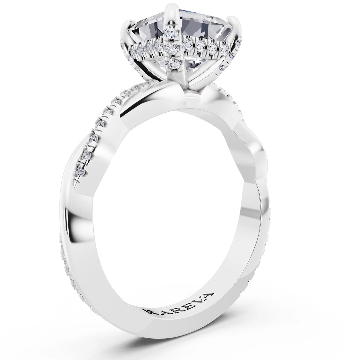 14 KT White Gold Asscher Cut Diamond Hidden Halo Ring with Twisted Pave Band - top view