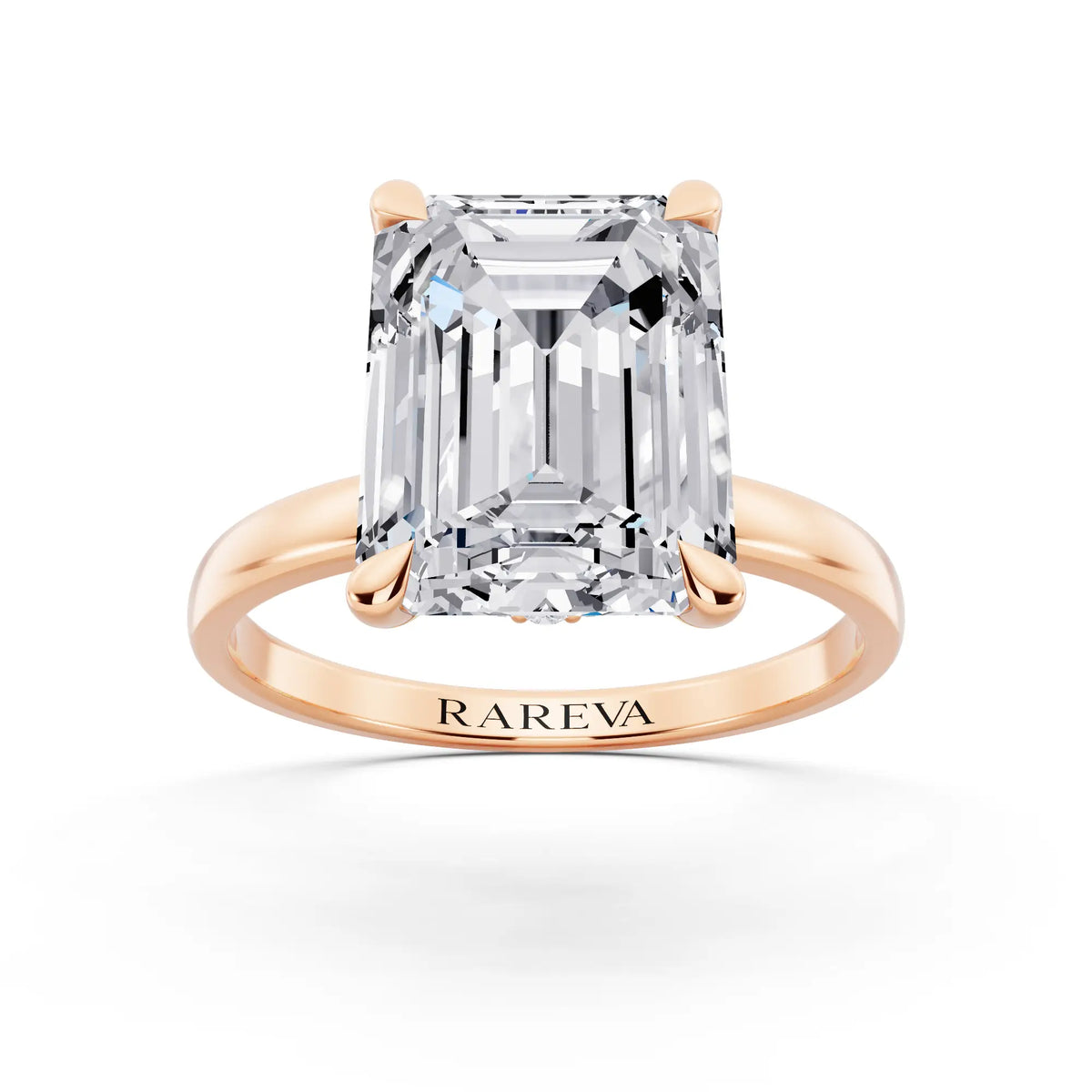 18 KT Rose Gold Emerald Cut Diamond Solitaire Ring with Pave Collar - front view